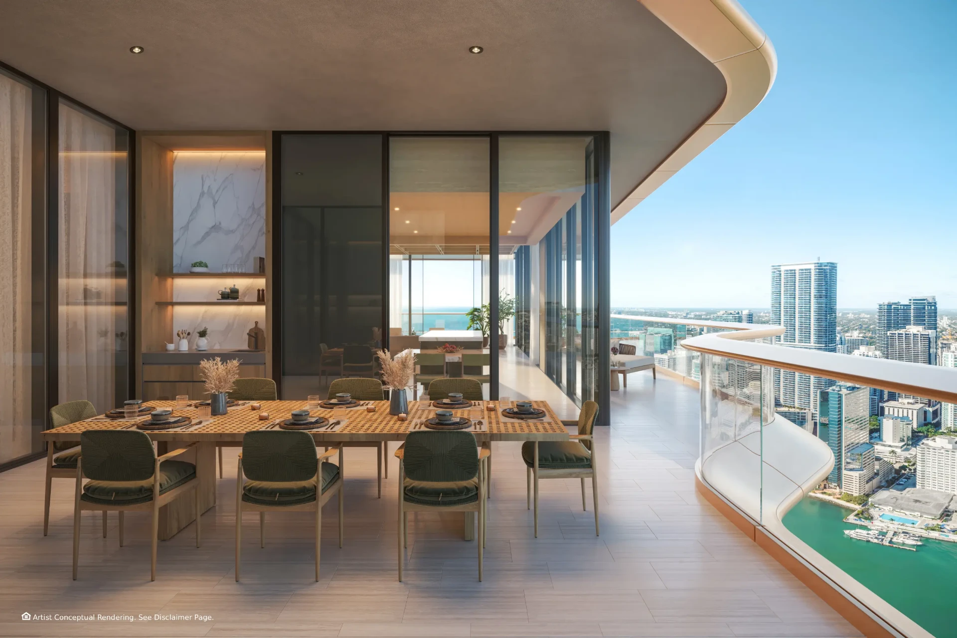 Terraza de una residencia de la Torre Sur, con comedor para ocho personas y bar exterior a plena luz del día