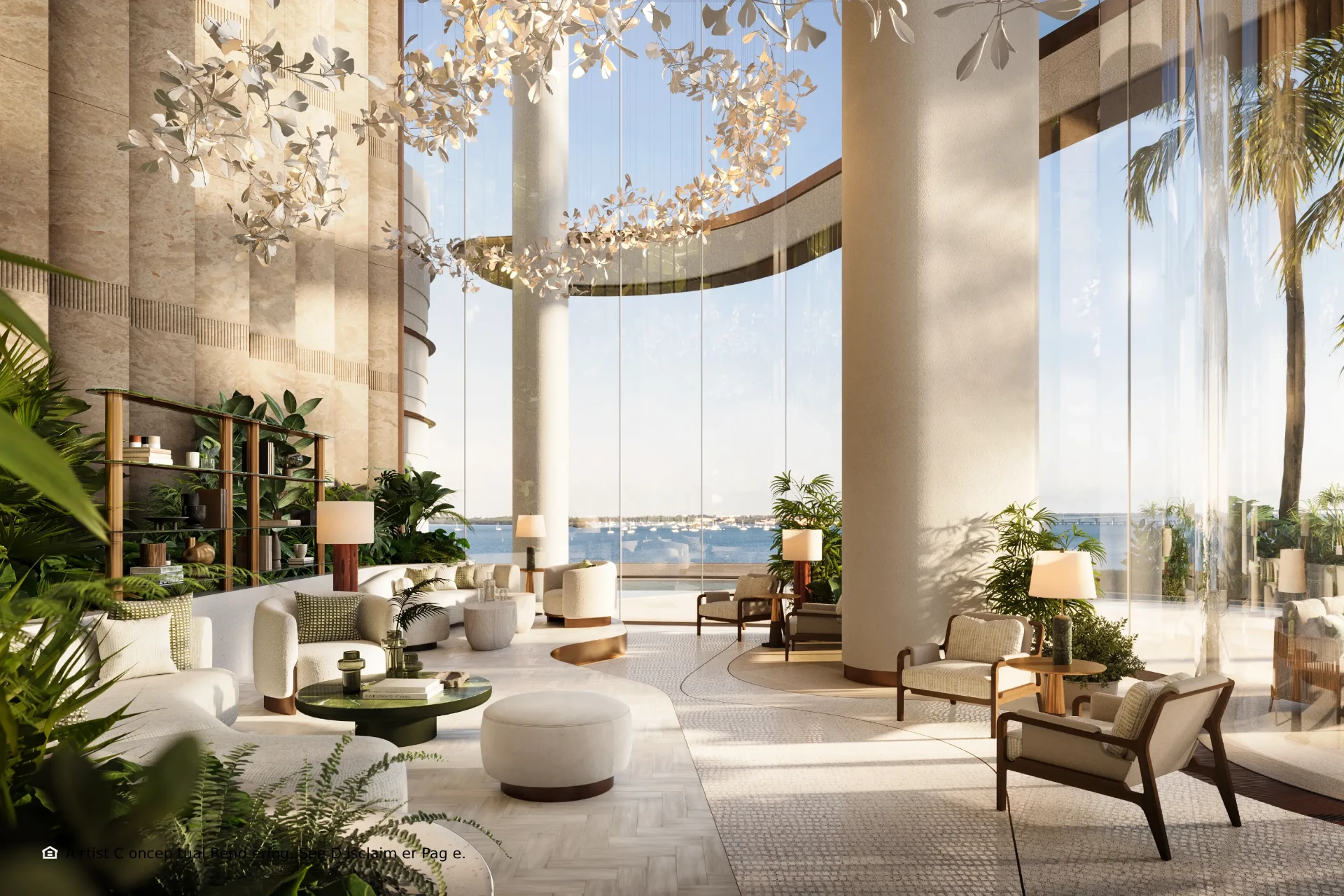 Lobby de la Torre Sur, con sofás curvos, columnas cilíndricas y una lámpara escultórica frente al mar