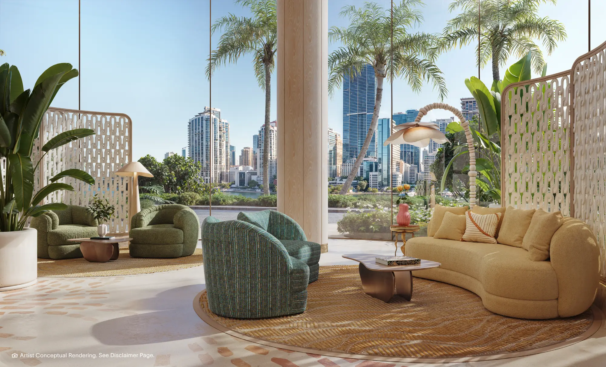 Salón del lobby residencial privado de la Torre Norte, con ventanales de suelo a techo y vistas a la ciudad
