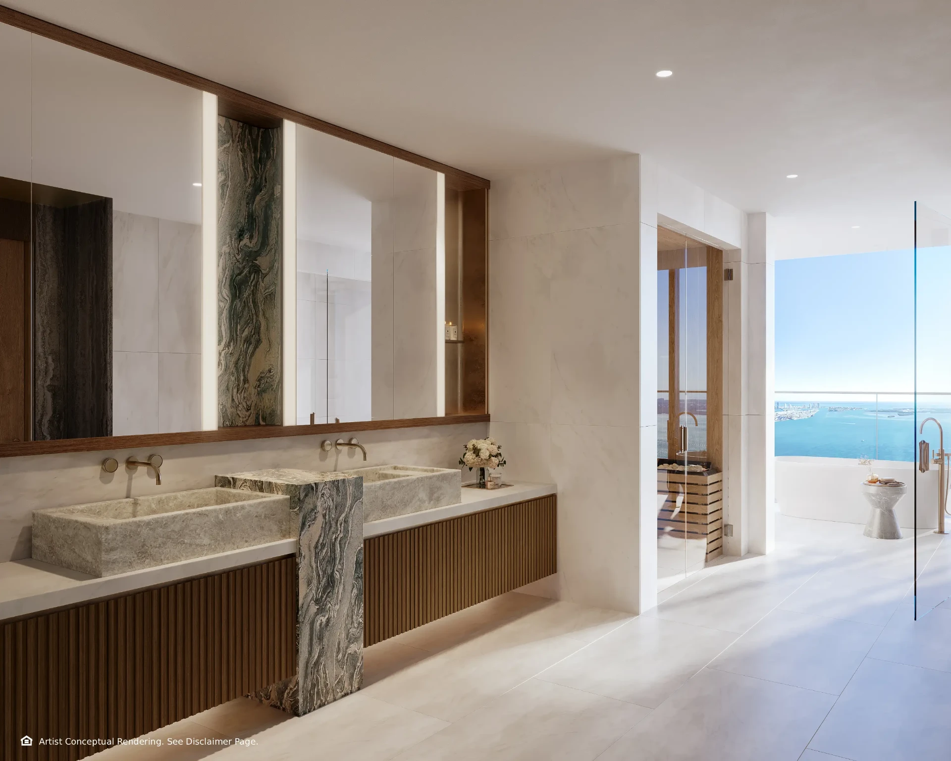 Baño principal de una residencia de la Torre Sur, con sauna de cristal, bañera exenta y vista al océano
